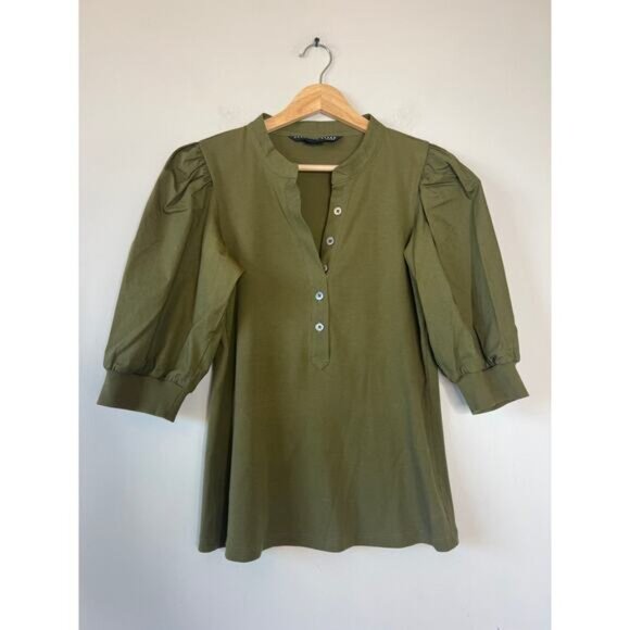 NEW Veronica Beard Coralee High Volume Poplin Puff Sleeve Top Green Size: Small - Picture 2 of 7